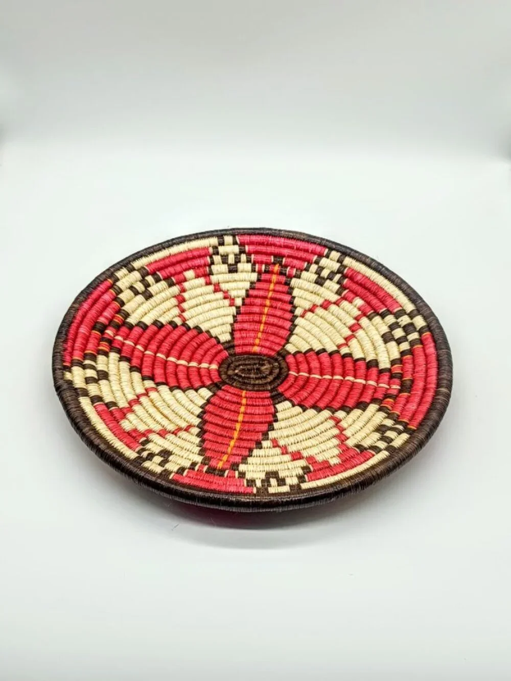 Hand-Woven Navajo Style Red Brown Cream Coiled Basket